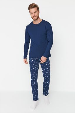 TRENDYOL MAN Lacivert %100 Pamuk Regular Fit Bask?l? Orme %100 Pamuk Pijama Tak?m? TMNAW23PT00029 - Trendyolmilla фото 2