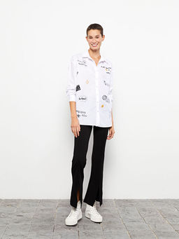 ?nden D??me Kapamal? Bask?l? Uzun Kollu Poplin Kad?n G?mlek