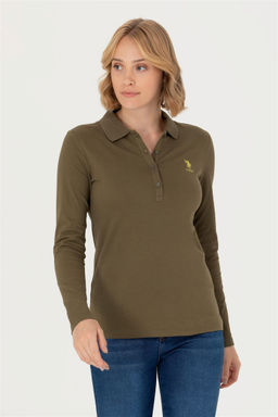U. S. Polo Assn Женский базовый свитшот цвета хаки с воротником-поло - U.s. polo assn фото 3
