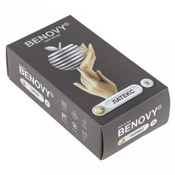 Перчатки медицинские смотровые латексные опудренные нестерильные одноразовые "Benovy" S, текстурированные, эластичные, внутреннее покрытие пудра, устойчивые к разрывам, водонепроницаемые, желтый, ГОСТ 52238-2004, цена за упаковку 50пар, в коробке (Ма