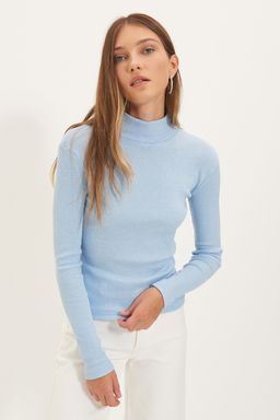 Mavi Fitted/Vucuda Oturan Dik Yaka Uzun Kol Fitilli Esnek Orme Bluz TWOAW21BZ0423