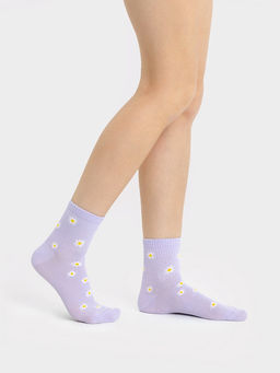 Цена за 5 пар! Носки женские фиолетовые с рисунком в виде ромашек