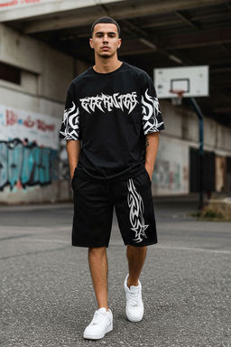 TRENDYOL MAN Siyah Oversize/Genis Kesim Bask?l? Sort & Bermuda TMNSS25SR00050