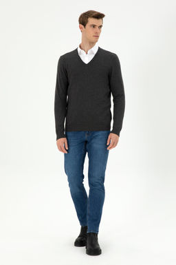 Erkek Slim Fit V Yaka Antrasit Melanj Basic Kazak - U.s. polo assn фото 4