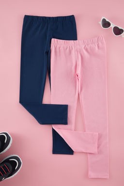 Indigo-Pembe 2li Pamuklu K?z Cocuk Duz Orme Tayt TKDSS25TA00006 - Trendyolmilla фото 5