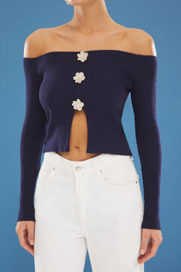 Lacivert Cicek Dugmeli Kay?k Yaka Kazak TWOSS25KZ00000 - Trendyolmilla фото 3