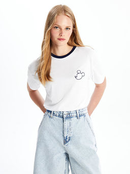 Bisiklet Yaka Mickey Mouse Bask?l? K?sa Kollu Kad?n Ti??rt