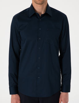 Lacivert %100 Pamuk Parlak Saten Regular Fit Uzun Kollu Basic G_mlek