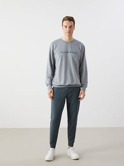 Bisiklet Yaka Uzun Kollu Bask?l? Erkek Sweatshirt