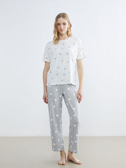 Bisiklet Yaka Kalp Bask?l? Kad?n Pijama ?st?