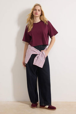 Murdum Relaxed/Rahat Kal?p %100 Kal?n Pamuklu Crop Orme T-Shirt TWOSS23TS00038