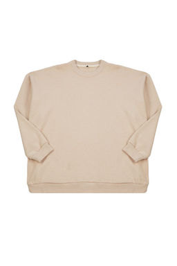 Bej B_y_k Beden Bisiklet Yaka Oversize/Geni_ Kesim S_rt Bask_l_ __i Polar Sweatshirt TMNAW24AO00004