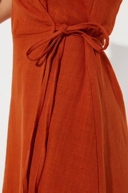 Kiremit Kruvaze F?rf?r Detayl? Keten Gorunumlu Midi Dokuma Elbise TWOSS24EL00071 - Trendyolmilla фото 5