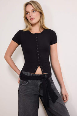 Siyah Fitted/Vucuda Oturan Premium Yumusak Orme Bluz TWOSS26BZ00428