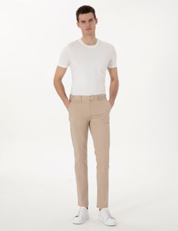 Bej Slim Fit Beli Lastikli Kanvas Pantolon