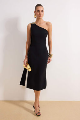 Siyah Duz Aksesuar Detayl? Dokuma Krep Midi Astarl? S?k/Gece Elbise