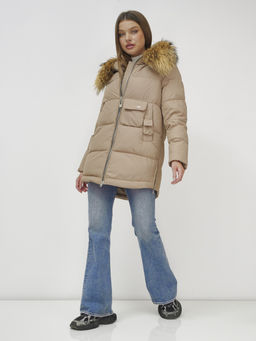 Куртка Бренд Visdeer ПРЕМИУМ КЛАССА зимняя с мехом ЕНОТА, бежевого цвета  фото 17