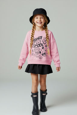 Ac?k Pembe Pamuklu Slogan Bask?l? Bisiklet Yaka Oversize Orme K?z Cocuk Sweatshirt TKDAW26SW00036