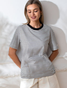 Свободная футболка в полоску из премиального хлопка с эластаном - Vilatte фото 7