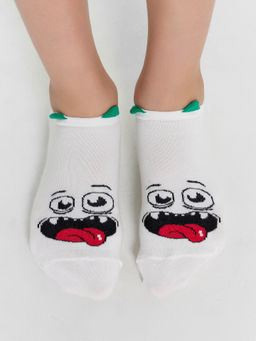 Цена за 5 пар! Носки детские белые с рисунком в виде мордочки монстра