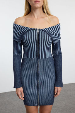TRENDYOLMILLA Indigo Mini Triko Premium Iplik/Ozel Iplik Y?kama Efektli Elbise TWOAW25EL00005  фото 3