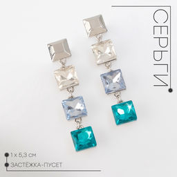 Серьги со стразами Блум квадраты светлые, цветные в серебре