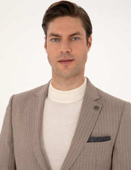Bej Ex. Slim Fit Y_n Kar___ml_ _izgili Tak_m Elbise