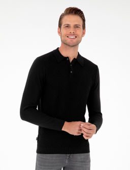 Siyah Slim Fit D__meli Polo Yaka Triko Kazak