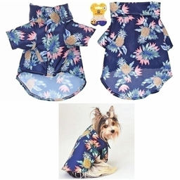 Рубашка для собак и кошек малых и средних пород "СТИЛЬНЫЙ БРО", цвет синий, принт ананасы с цветами, размер M