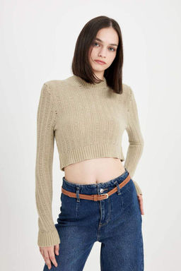 Женский вязаный трикотаж с круглым вырезом обычного кроя, свитер с отверстиями - Defacto фото 5