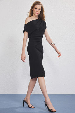 TRENDYOLMILLA Yag Yesili Midi Buzgu/Drape Detayl? Orme Elbise TWOSS25EL00780  фото 11