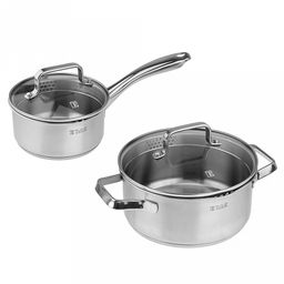 Набор посуды из нержавеющей стали Практис 2 штуки: кастрюля 2,9л - д20см, h9,5см, ковш 1,1л - д14см, h7,5см, s05мм, стеклянная крышка с ободом из нержавеющей стали и сливом, пароотовод, капсулированное дно, полировка снаружи - матовая, внутренняя -