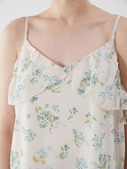 V Yaka ?i?ekli Ask?l? F?rf?rl? Bluz