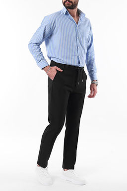 Siyah Slim Fit Beli Ba_lama Detayl_ Lastikli Kuma_ Dokuma Pantolon TMNAW25PL00027