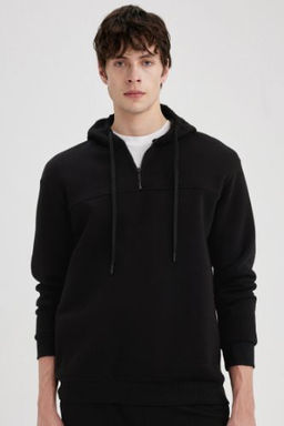 Comfort Regular Fit Rahat Kal?p Kapusonlu Yar?m Fermuarl? Basic Duz Sweatshirt