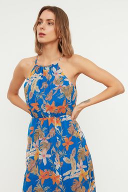 Lacivert Halter Yaka A Kesim Y?rtmacl? Astarl? Maxi Sifon Dokuma Elbise TWOSS20EL1297