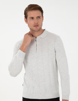 Krem Melanj Slim Fit Fermuarl_ Polo Yaka Triko Kazak - Pierre cardin фото 3