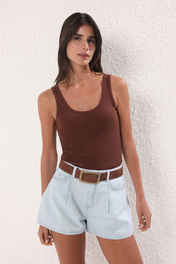 Kahverengi Fitted/Vucuda Oturan Havuz Yaka Fitilli Esnek Orme Atlet TWOSS22AL0042