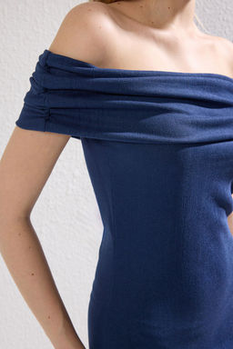 TRENDYOLMILLA Kiremit Duz Maxi Ottoman Esnek Carmen Yaka Vucuda Oturan Orme Elbise TWOSS25EL00327  фото 7