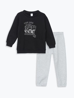 Bisiklet Yaka Bask?l? Erkek Bebek Sweatshirt ve E?ofman Alt 2li Tak?m