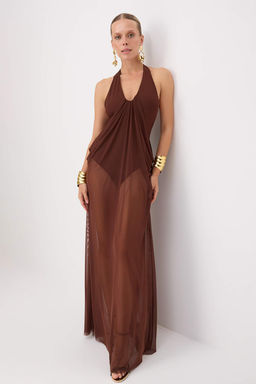 Kahverengi __i Body Transparan Detayl_ T_l Maxi Abiye & Mezuniyet Elbisesi TPRSS26AE00149 - Trendyolmilla фото 2