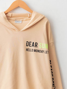 Kap??onlu Bask?l? Uzun Kollu Pamuklu K?z ?ocuk Ti??rt - Waikiki фото 3