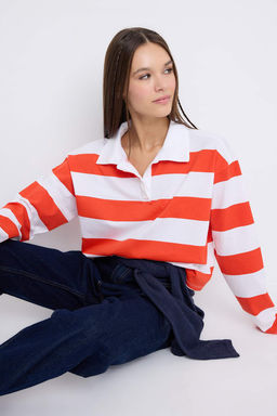 Turuncu Cizgili Polo Yaka Relaxed Crop/Rahat K?sa Orme T-shirt TWOAW26TS00011 - Trendyolmilla фото 9