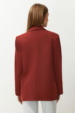 Bordo Kiremit Oversize Duz Kesim Basic Kruvaze Dokuma Blazer Ceket TWOSS24BC00028