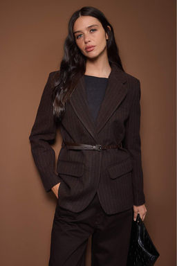 Kahverengi Kase Cizgili Kemerli Dokuma Blazer Ceket TWOAW26BC00072