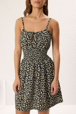 Siyah Cicekli Mini Skater/Belden Ac?lan Orme Elbise TWOSS25EL00159 - Trendyolmilla фото 3