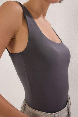 Antrasit Fitted/Vucuda Oturan S?rt? Detayl? Kare Yaka C?tc?tl? Esnek Orme Body TWOSS24BD00026