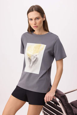 Antrasit Regular/Normal Kal?p K?sa Kollu Varak Bask?l? %100 Pamuk Orme T-shirt TWOSS26TS00073