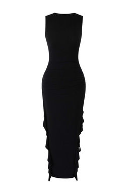 Siyah Bodycone S?f?r Kol Y?rtmacl? F?rf?r Detayl? Esnek Kal?n Sandy Maxi Kalem Elbise TWOSS24EL00688