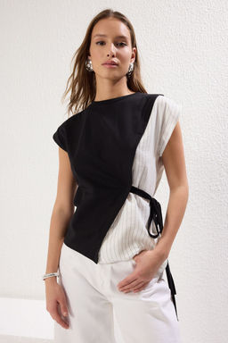 Siyah*001 Pilise ve Baglama Detayl? Relaxed/Rahat Kal?p Orme Bluz TWOSS25BZ00094